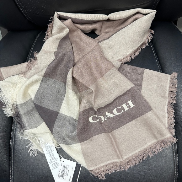 NWT! Coach Women's Lightweight Windowpane Challis Scarf in Stone F54253 - Picture 1 of 6